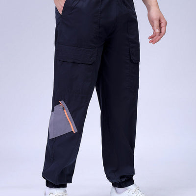 Men's Navy Blue Loose Fit Solid Zipper Jogger