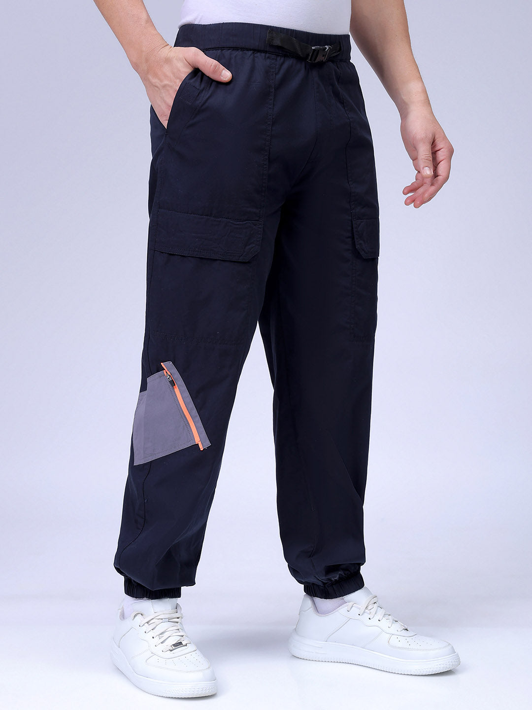 Men's Navy Blue Loose Fit Solid Zipper Jogger