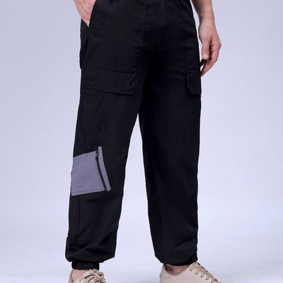 Men's Black Loose Fit Solid Zipper Jogger