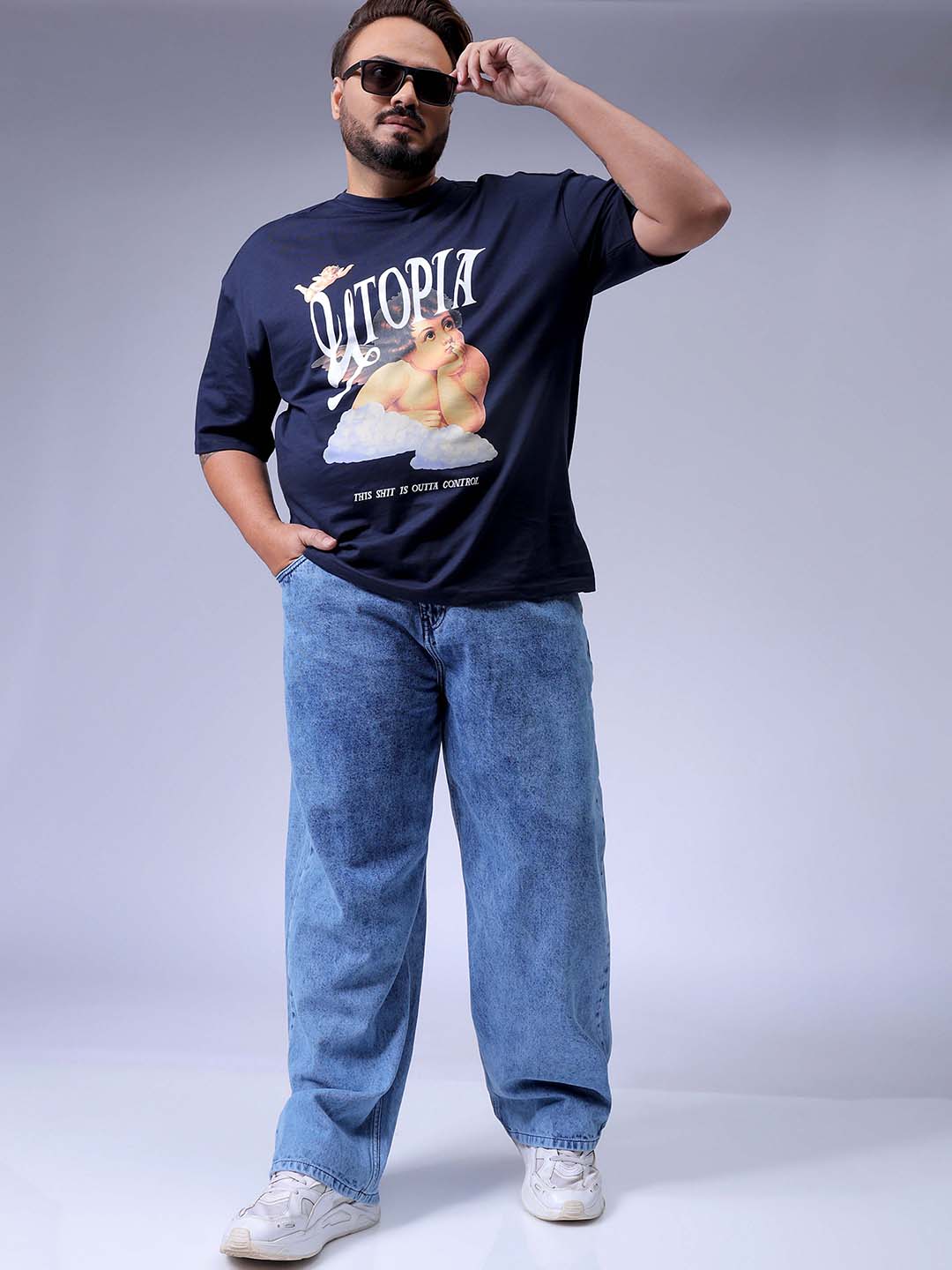 Men's Plus Size Blue Baggy Fit Solid Jeans