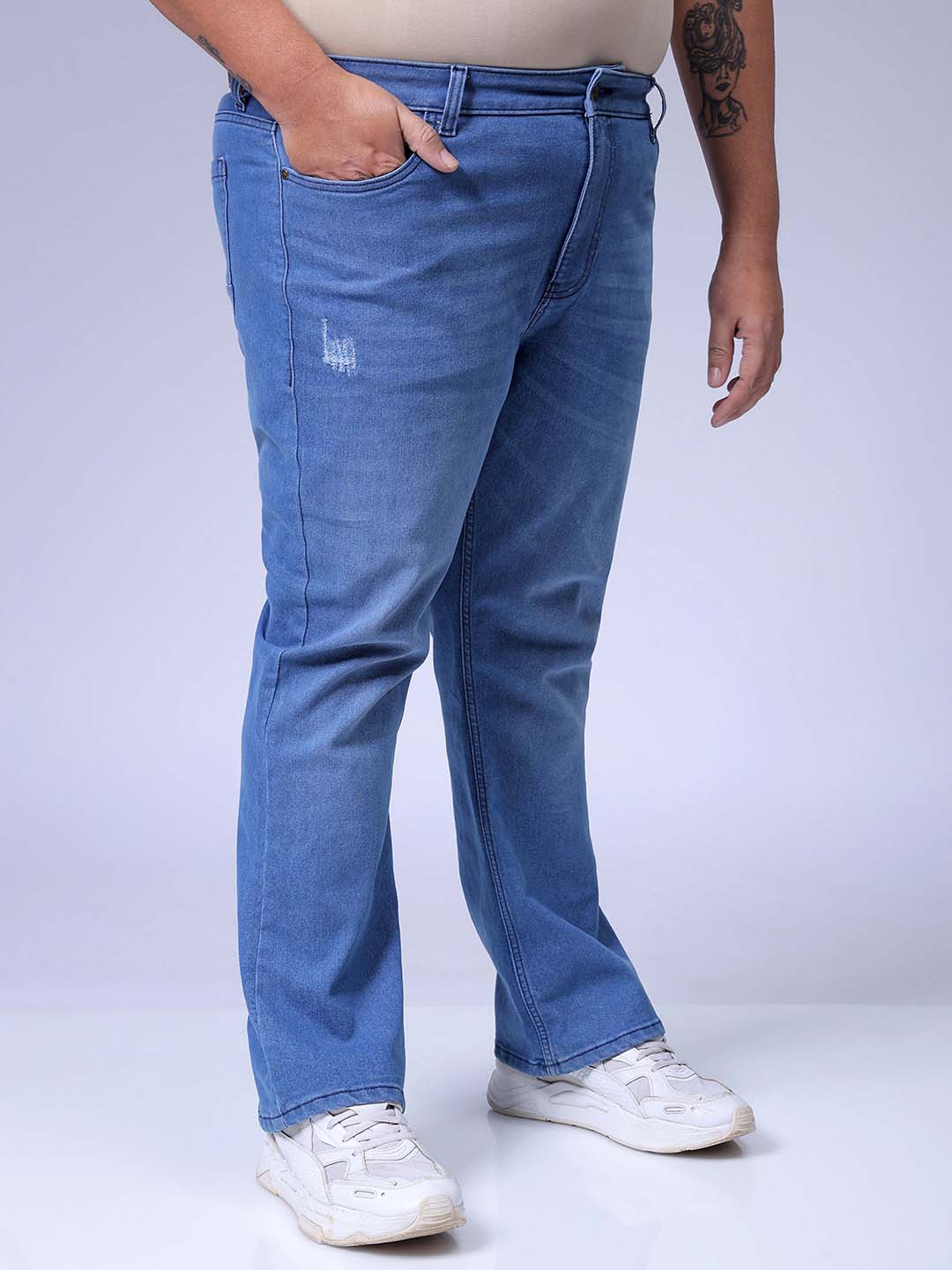 Men's Plus Size Blue Bootcut Fit Solid Stretchable Jeans