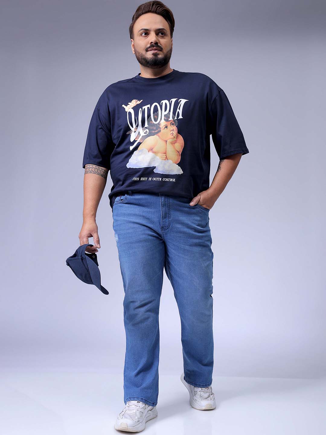 Men's Plus Size Blue Bootcut Fit Solid Stretchable Jeans