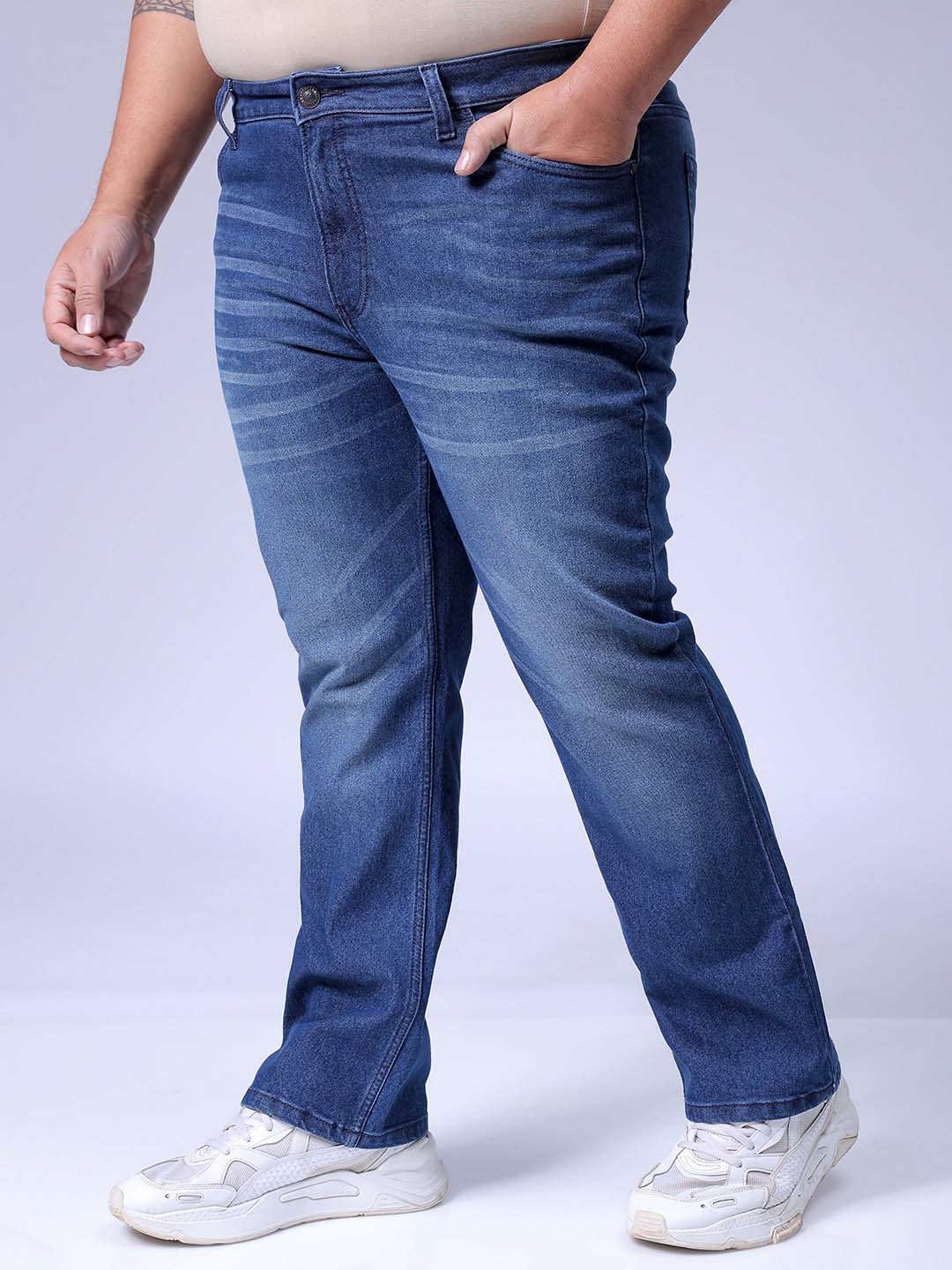 Men's Plus Size Blue Bootcut Fit Solid Stretchable Jeans