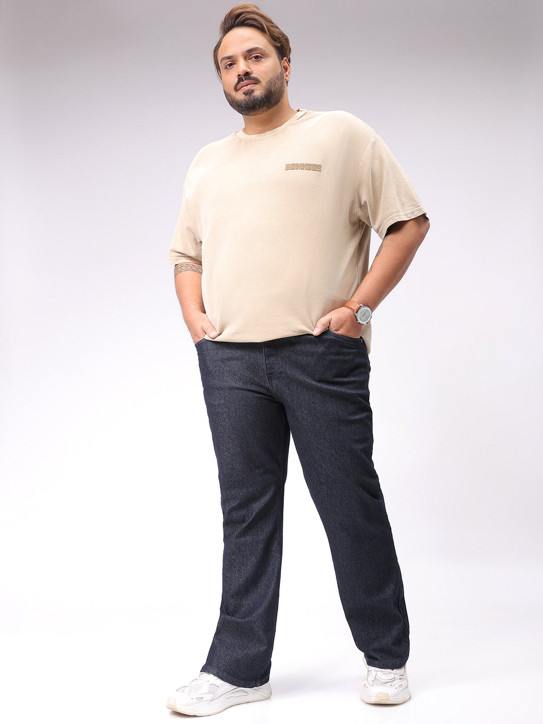 Men's Plus Size Blue Bootcut Fit Solid Stretchable Jeans