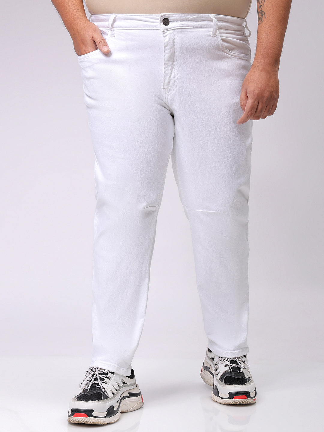 Men's Plus Size White Carrot Fit Solid Stretchable Jeans