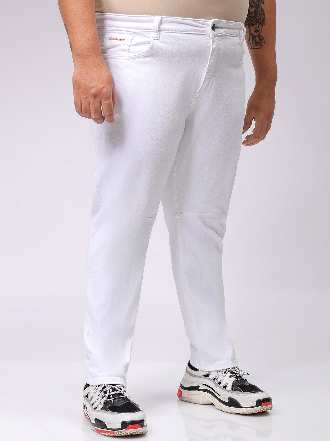 Men's Plus Size White Carrot Fit Solid Stretchable Jeans