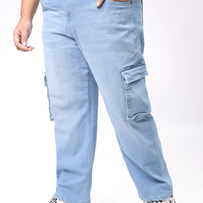 Men's Plus Size Blue Baggy Fit Solid Stretchable Jeans