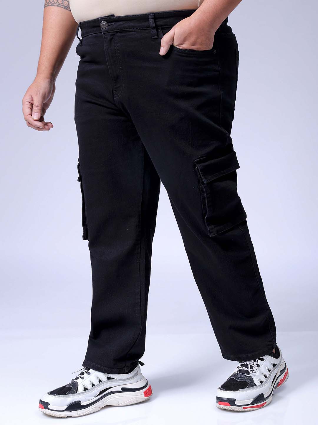 Men's Plus Size Black Baggy Fit Solid Stretchable Jeans