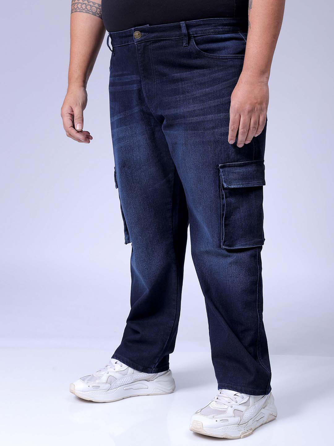 Men's Plus Size Dark Blue Baggy Fit Solid Stretchable Jeans