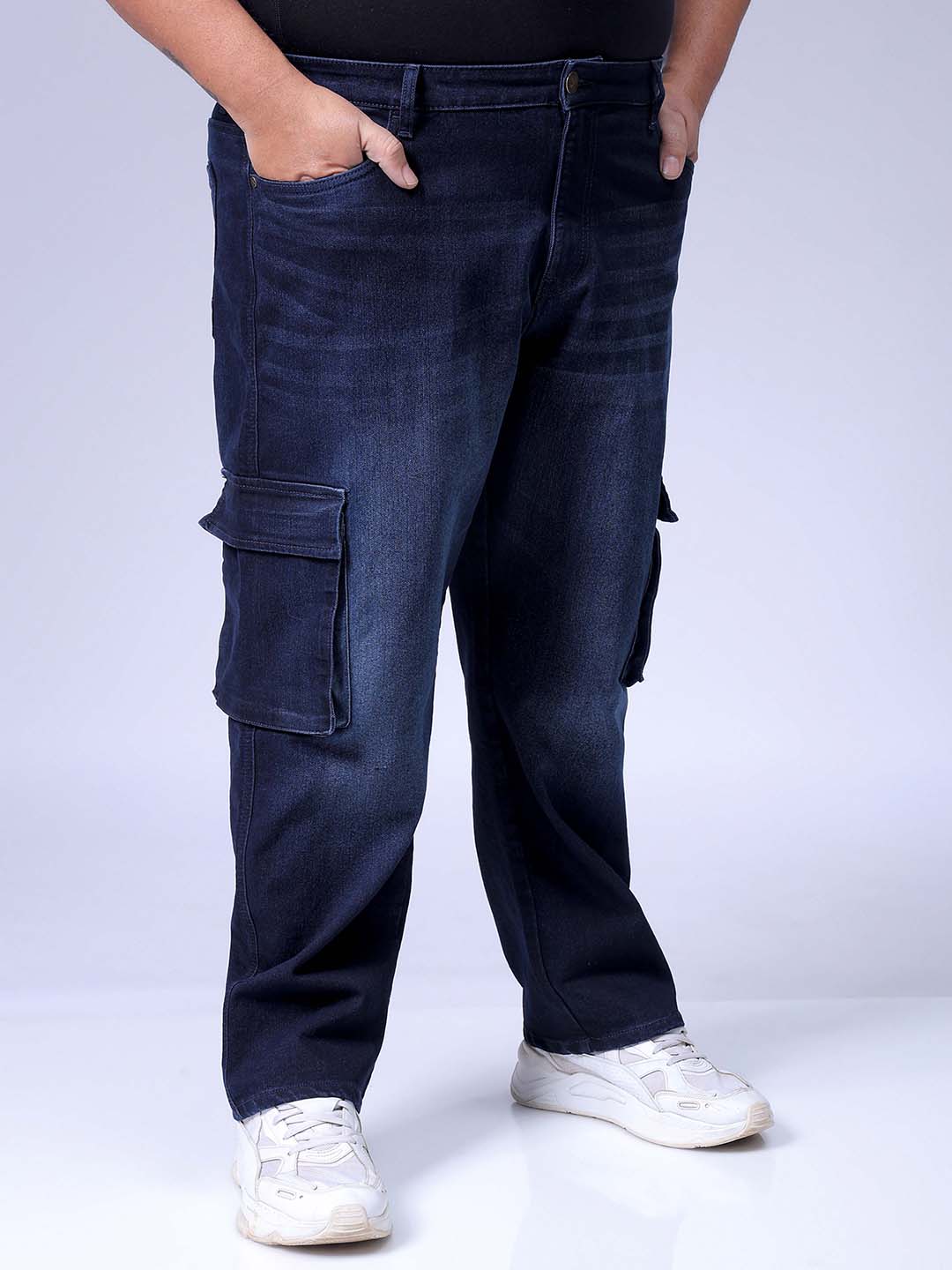 Men's Plus Size Dark Blue Baggy Fit Solid Stretchable Jeans