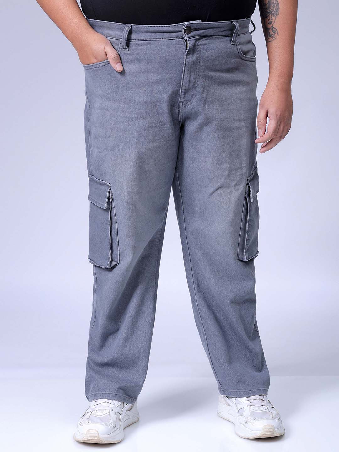 Men's Plus Size Grey Baggy Fit Solid Stretchable Jeans
