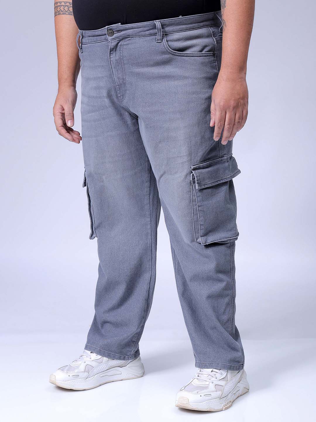 Men's Plus Size Grey Baggy Fit Solid Stretchable Jeans
