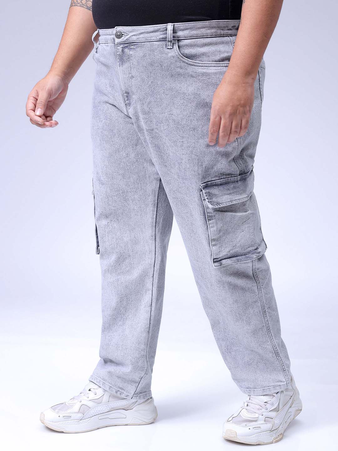 Men's Plus Size Grey Baggy Fit Solid Stretchable Jeans