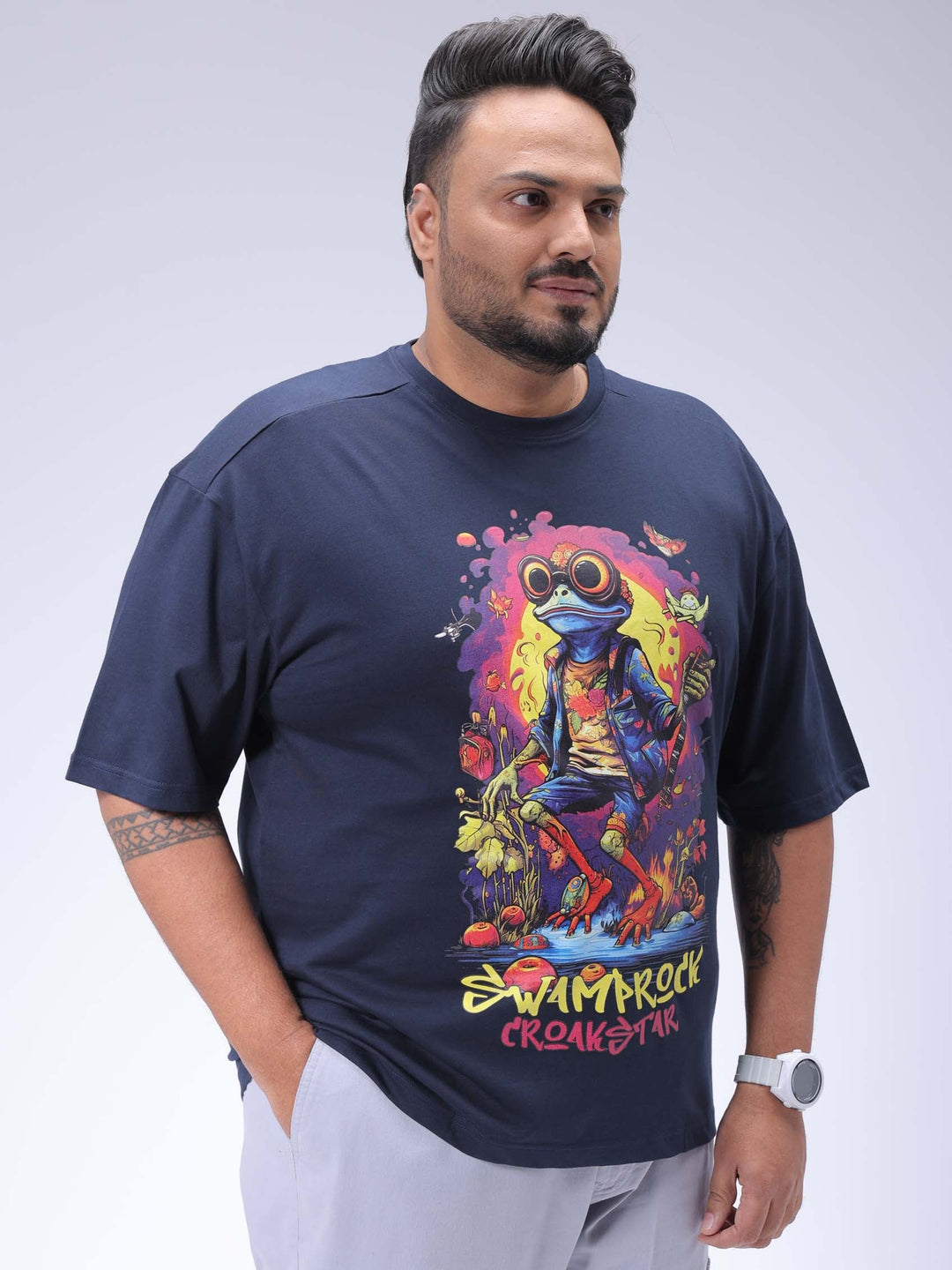 Men's Plus Size Navy Relaxed Fit Placement Printed T-Shirt