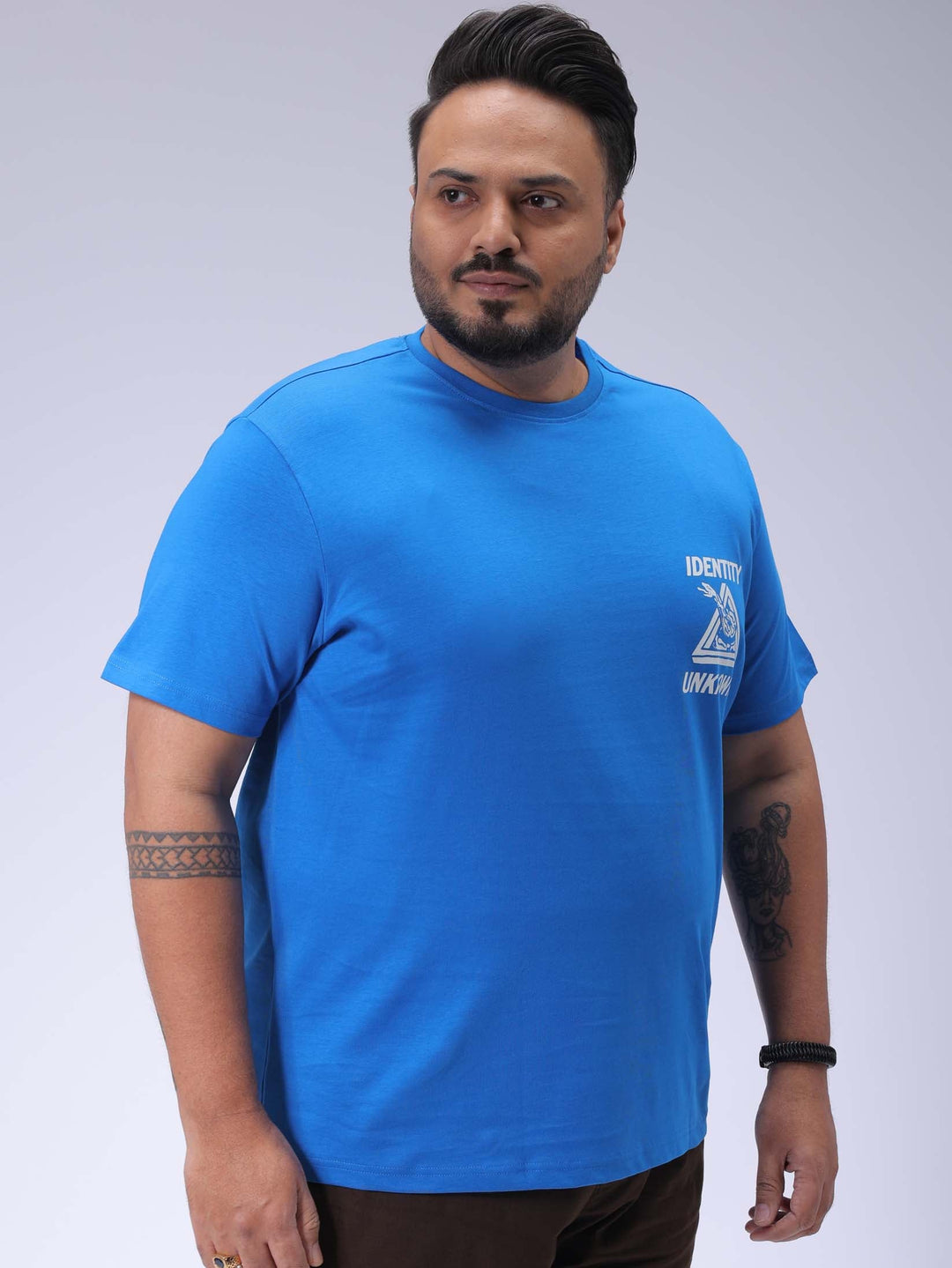 Men's Plus Size Blue Regular Fit Back Printed T-Shirt