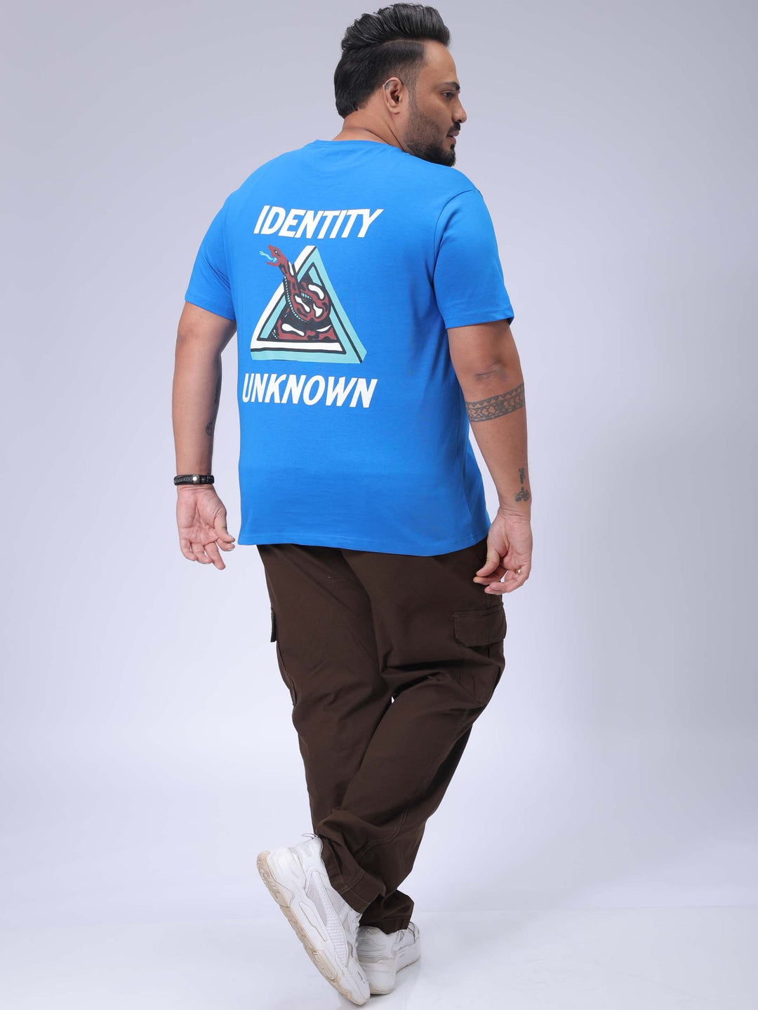 Men's Plus Size Blue Regular Fit Back Printed T-Shirt