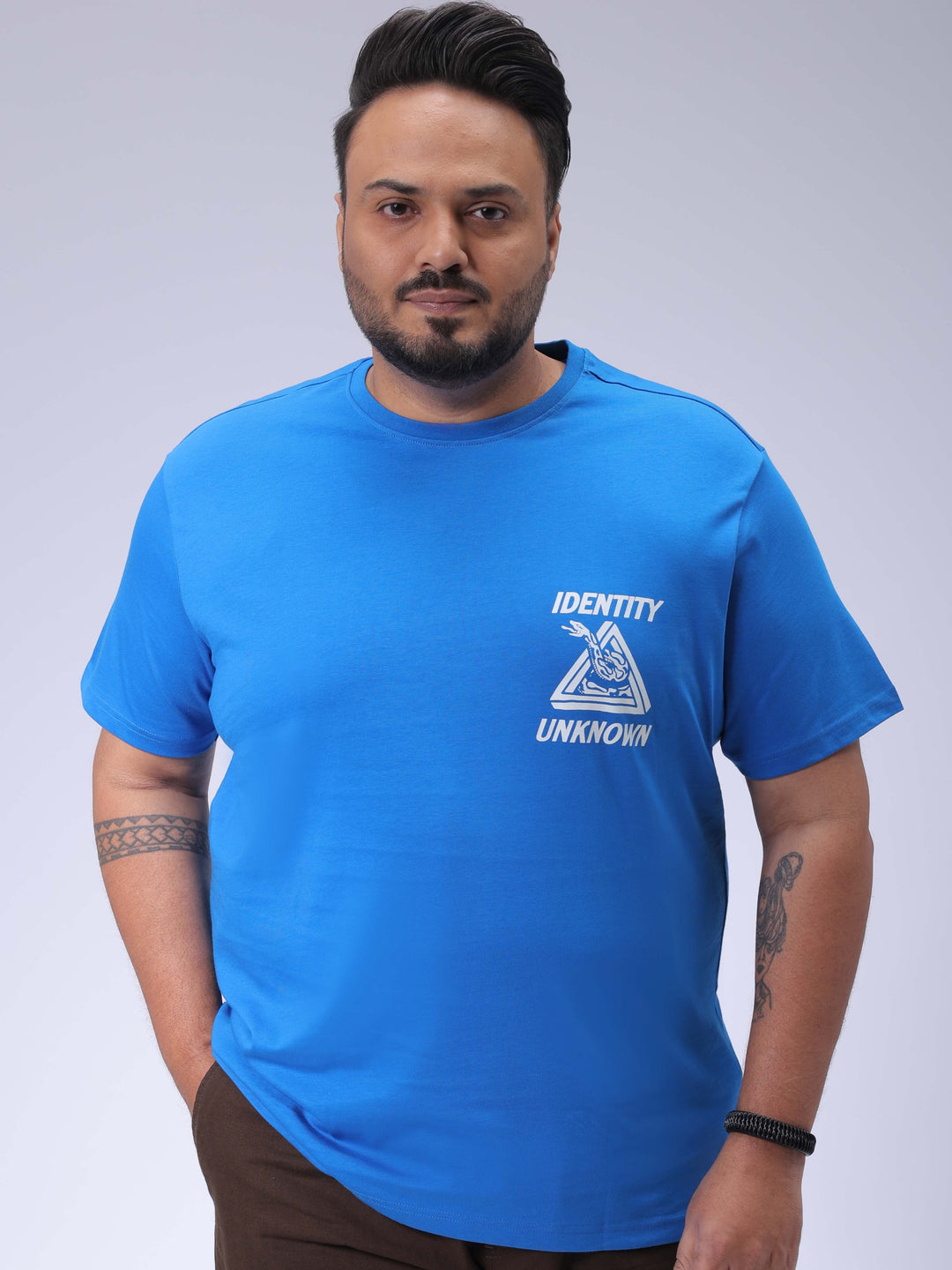 Men's Plus Size Blue Regular Fit Back Printed T-Shirt