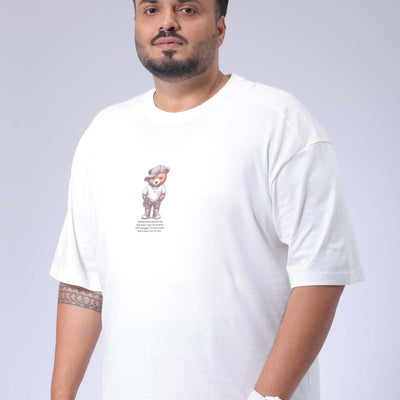 Men's Plus Size White Relaxed Fit Back Printed T-Shirt