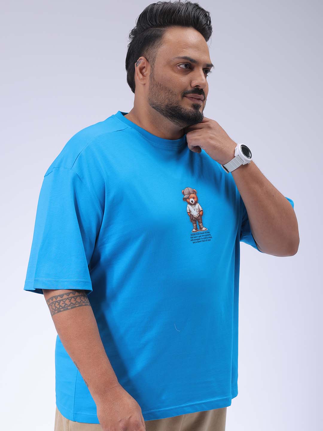 Men's Plus Size Blue Relaxed Fit Back Printed T-Shirt