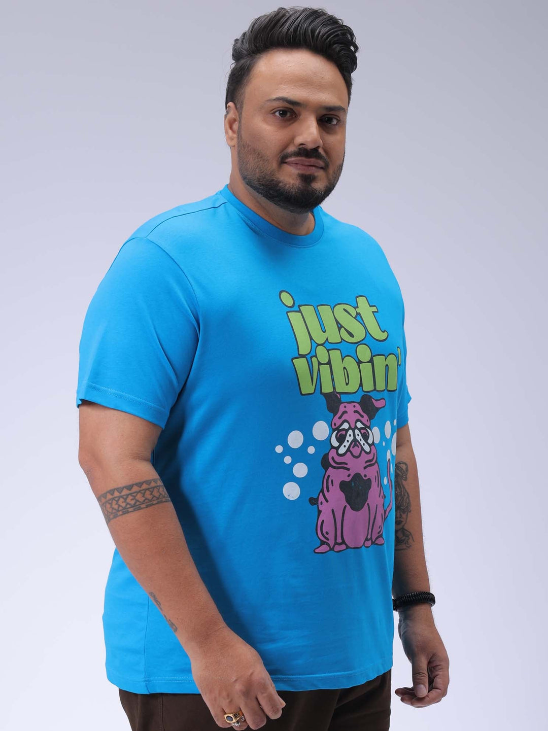 Men's Plus Size Blue Regular Fit Placement Printed T-Shirt