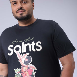 Men's Plus Size Black Regular Fit Placement Printed T-Shirt