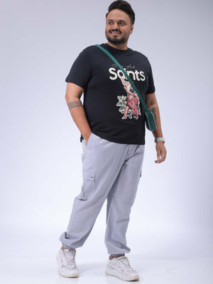 Men's Plus Size Black Regular Fit Placement Printed T-Shirt