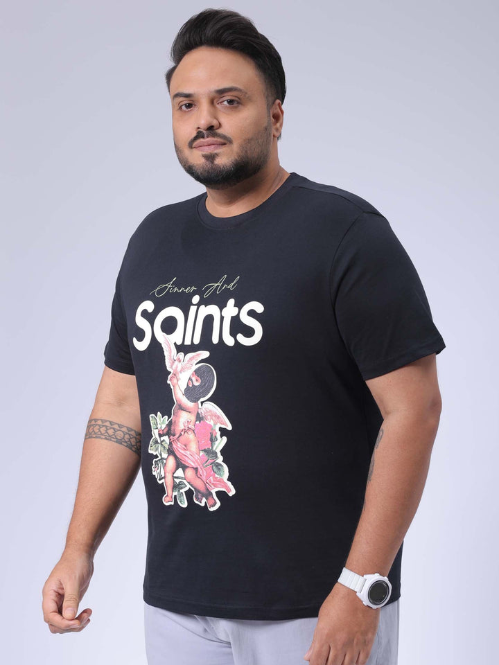 Men's Plus Size Black Regular Fit Placement Printed T-Shirt