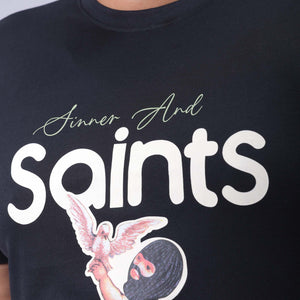 Men's Plus Size Black Regular Fit Placement Printed T-Shirt