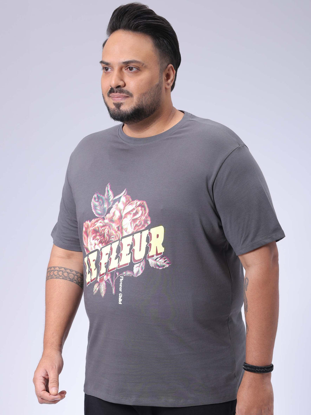 Men's Plus Size Grey Regular Fit Placement Print T-Shirt