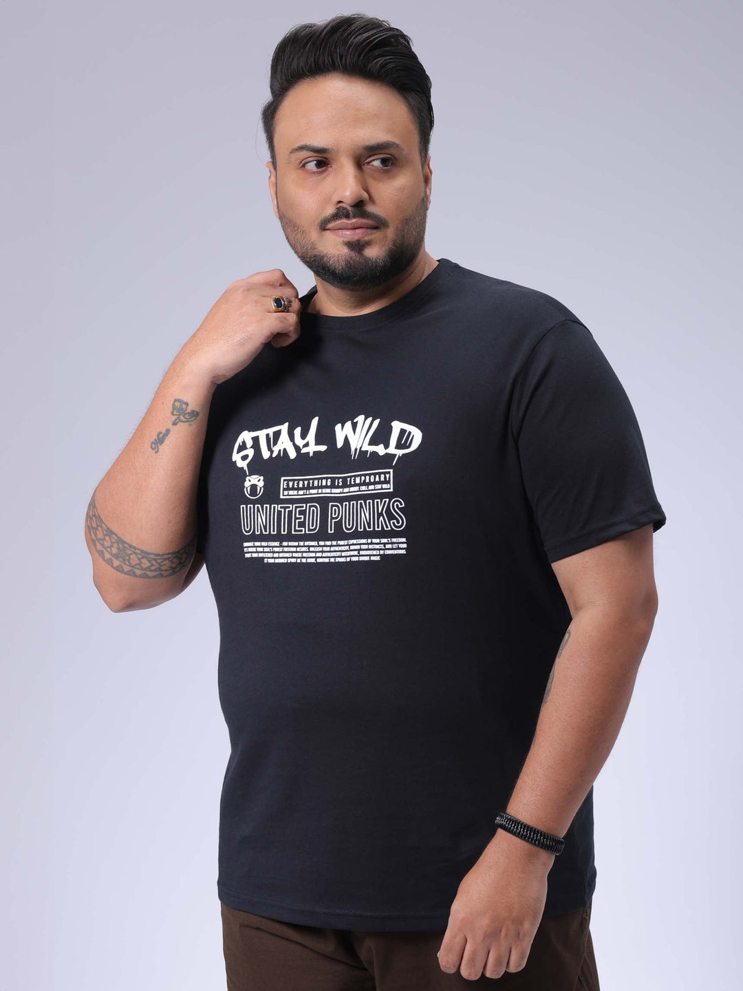 Men's Plus Size Black Regular Fit Printed T-Shirt