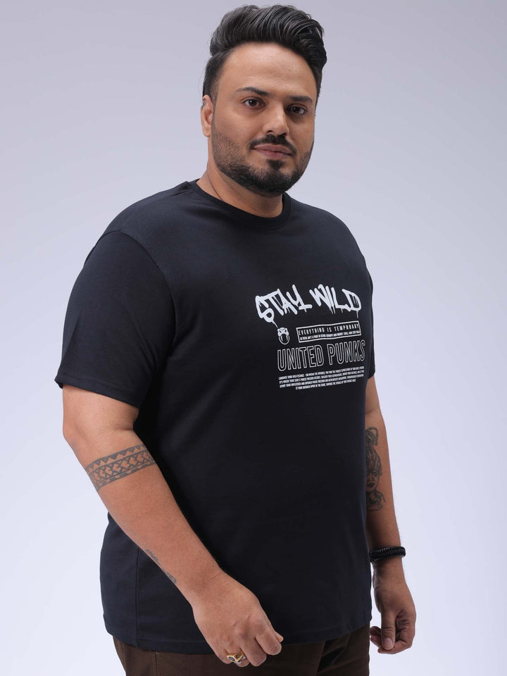 Men's Plus Size Black Regular Fit Printed T-Shirt