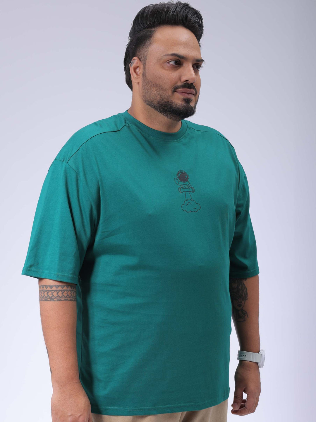 Men's Plus Size Green Relaxed Fit Back Printed T-Shirt