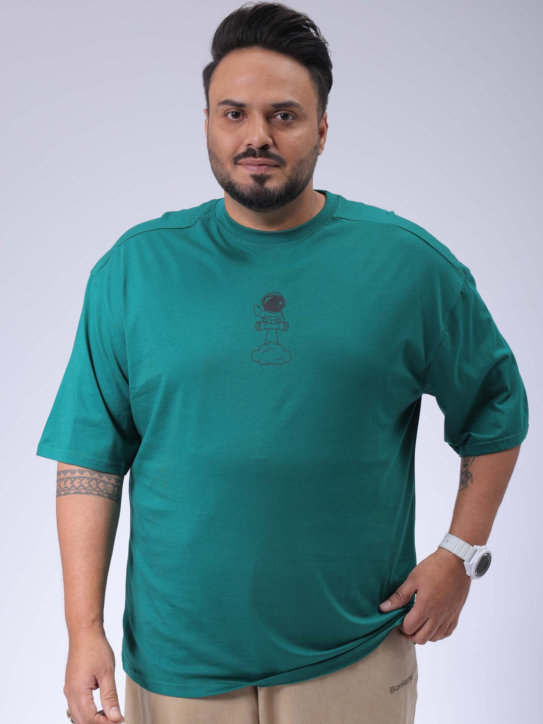 Men's Plus Size Green Relaxed Fit Back Printed T-Shirt