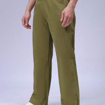 Men's Olive Baggy Fit Solid Chinos