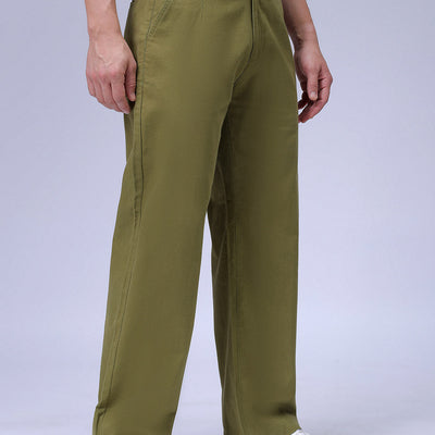 Men's Olive Baggy Fit Solid Chinos