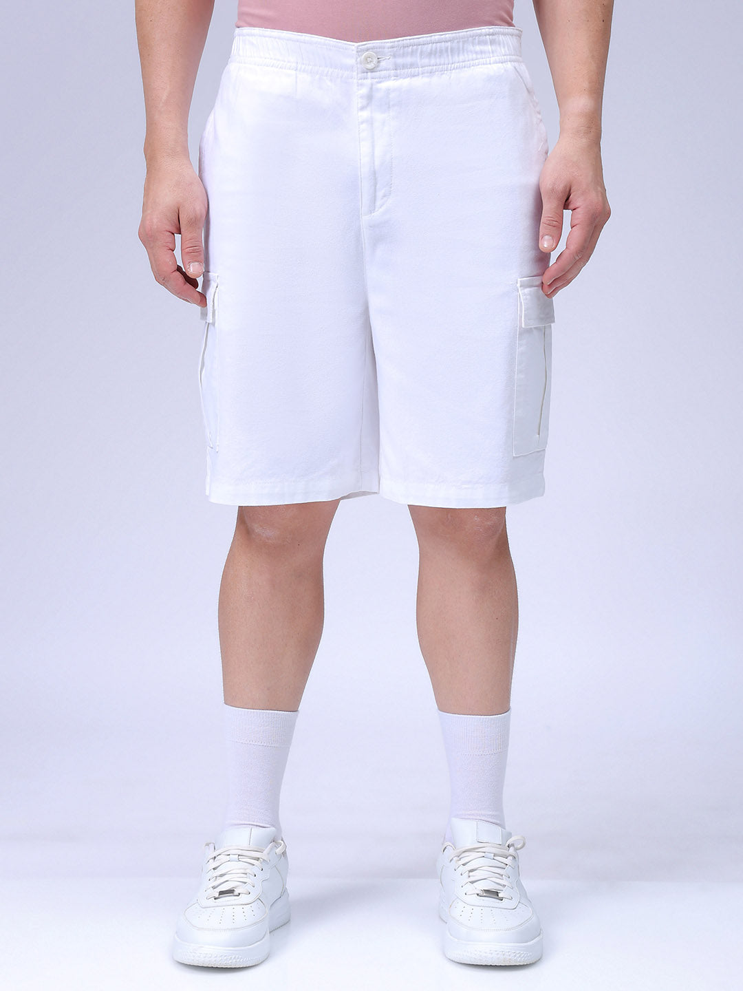 Men's White Relaxed Fit Solid Utility Cargo Shorts