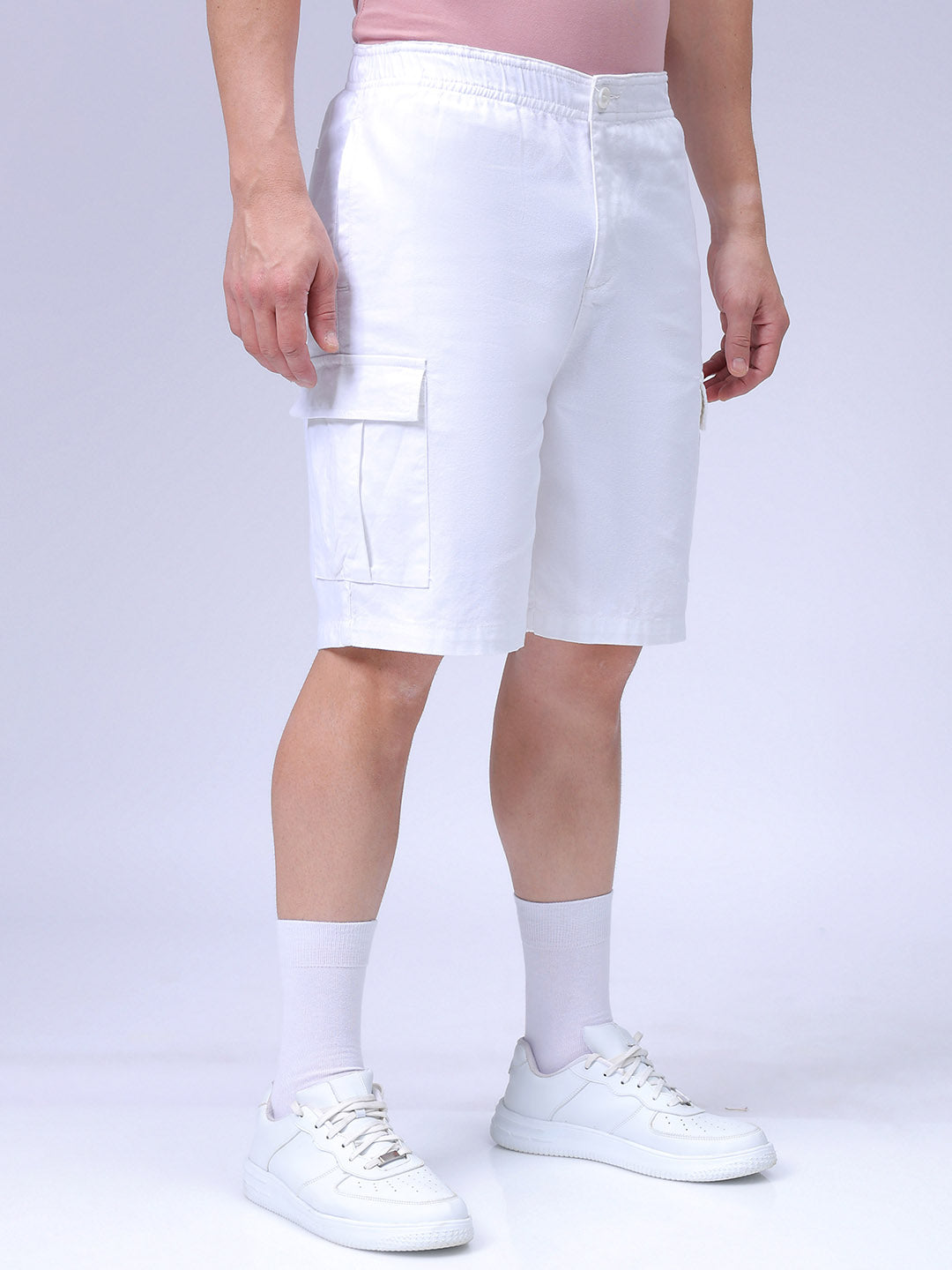 Men's White Relaxed Fit Solid Utility Cargo Shorts