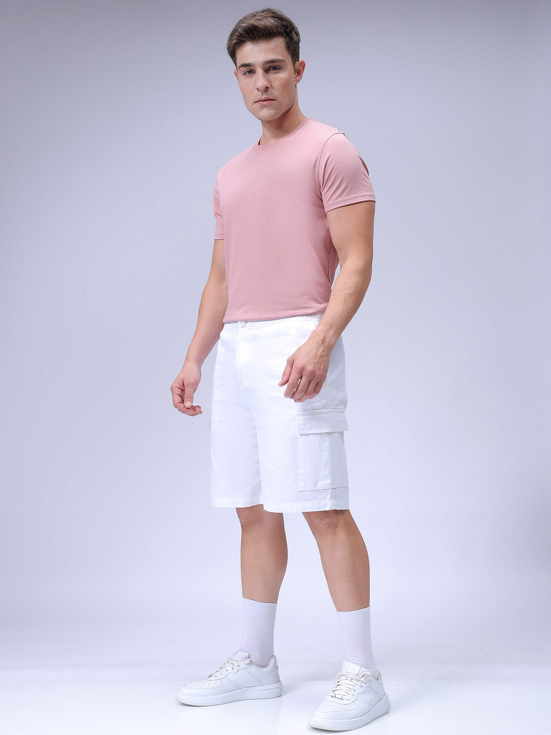Men's White Relaxed Fit Solid Utility Cargo Shorts