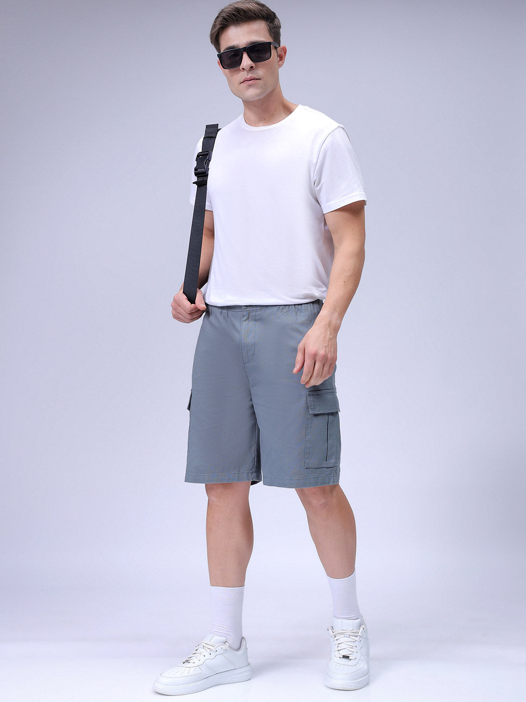 Men's Blue Relaxed Fit Solid Utility Cargo Shorts