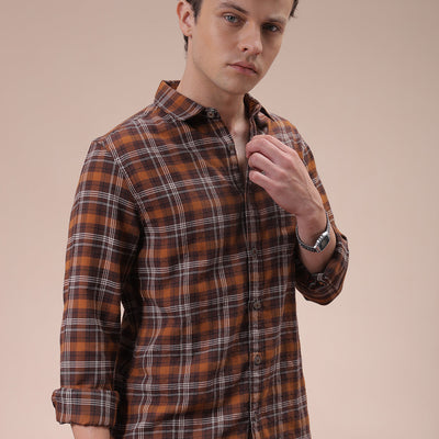 Men's Brown Slim Fit Checked Shirt