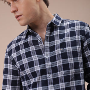 Men's Navy Blue Slim Fit Checked Shirt