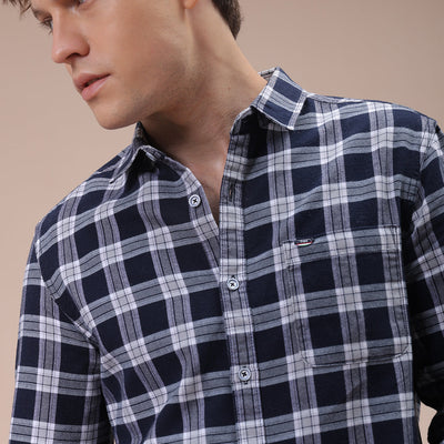 Men's Navy Blue Slim Fit Checked Shirt