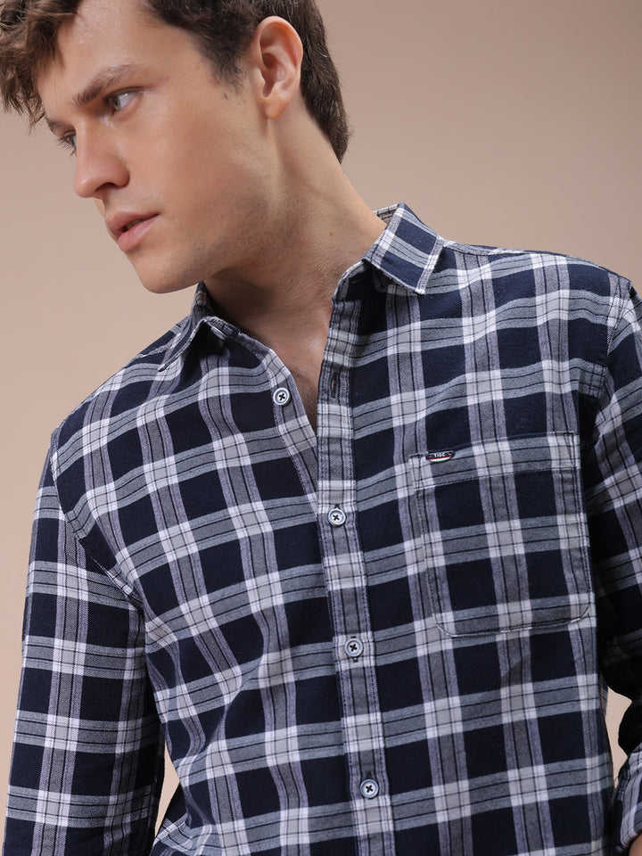 Men's Navy Blue Slim Fit Checked Shirt