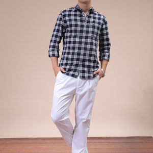 Men's Navy Blue Slim Fit Checked Shirt