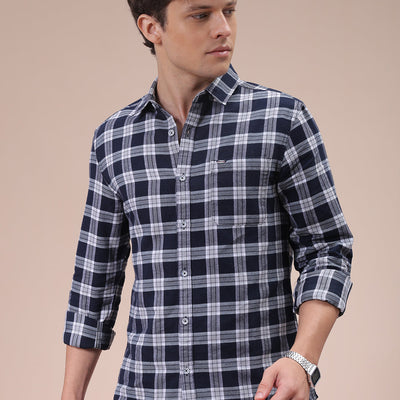Men's Navy Blue Slim Fit Checked Shirt