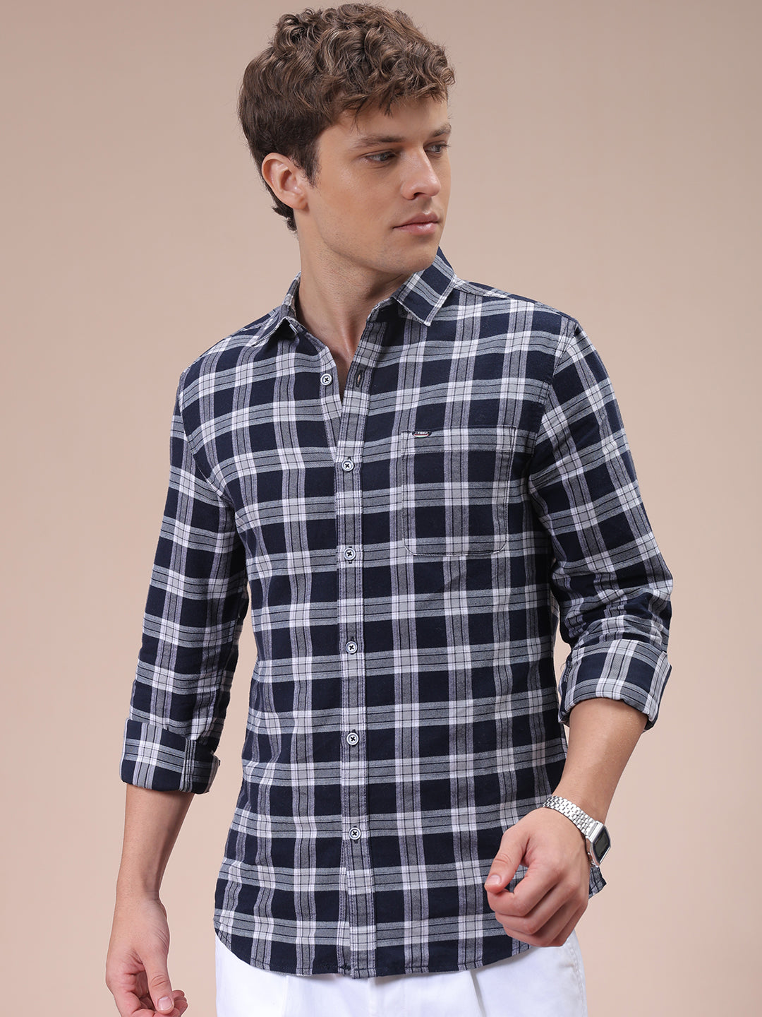 Men's Navy Blue Slim Fit Checked Shirt