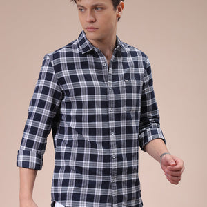 Men's Navy Blue Slim Fit Checked Shirt