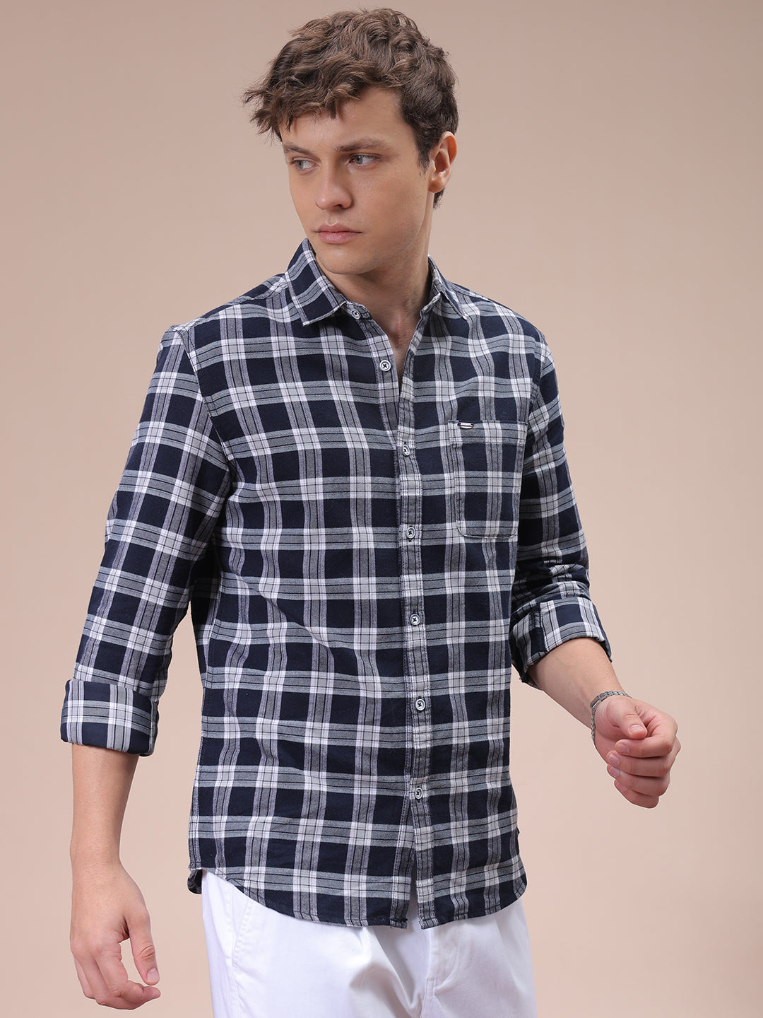 Men's Navy Blue Slim Fit Checked Shirt