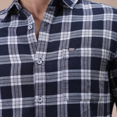 Men's Navy Blue Slim Fit Checked Shirt