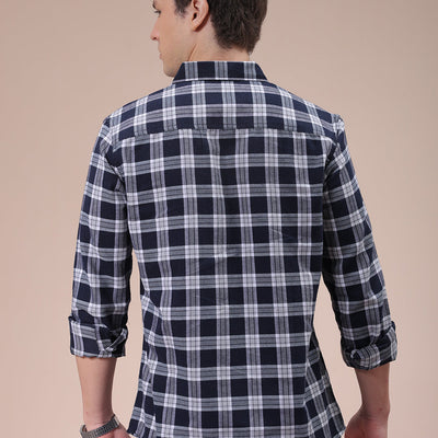 Men's Navy Blue Slim Fit Checked Shirt